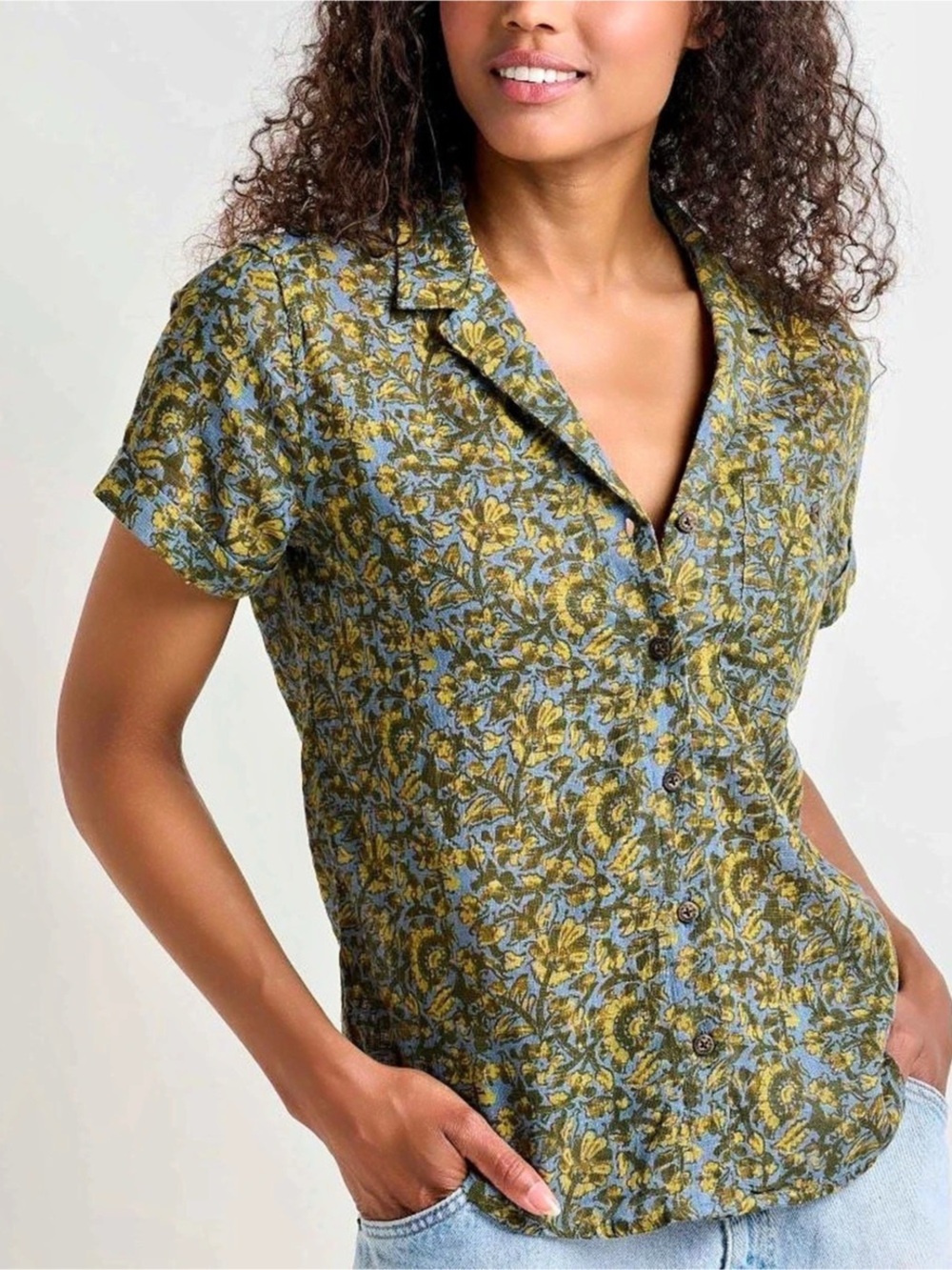 🐸 Toad&Co Women’s Camp Cove Short Sleeve Shirt Floral Blue & Yellow Size Large